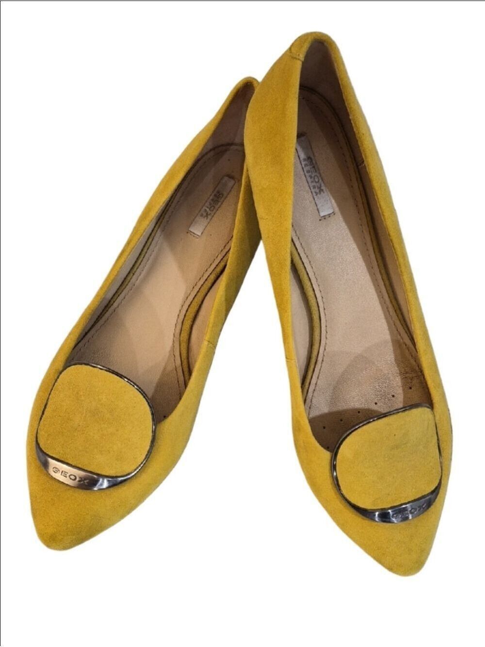 Geox Women's Yellow Suede Pointed Toe Flats with Metallic Accent